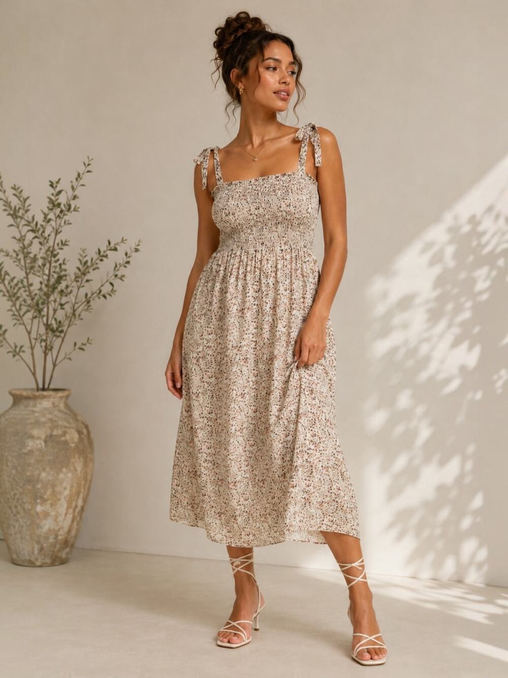 Aritzia Wilfred Golden Hour Smocked Midi Dress Tie Straps Floral